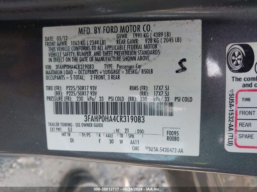 2012 Ford Fusion Se VIN: 3FAHP0HA4CR319083 Lot: 39512717