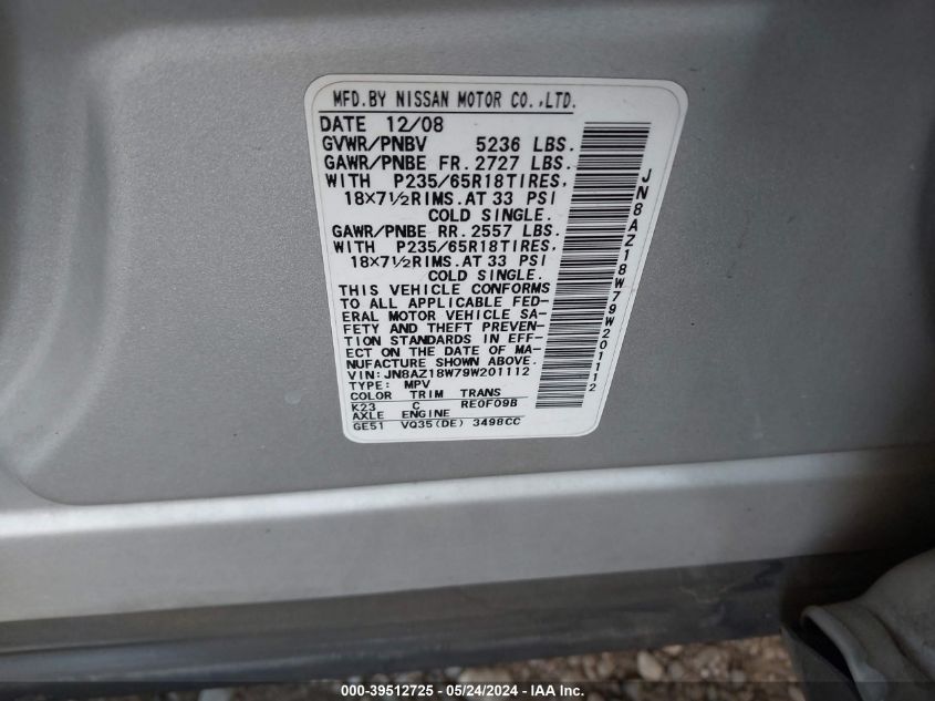 2009 Nissan Murano S VIN: JN8AZ18W79W201112 Lot: 39512725