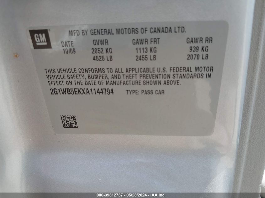 2010 Chevrolet Impala Lt VIN: 2G1WB5EKXA1144794 Lot: 39512737