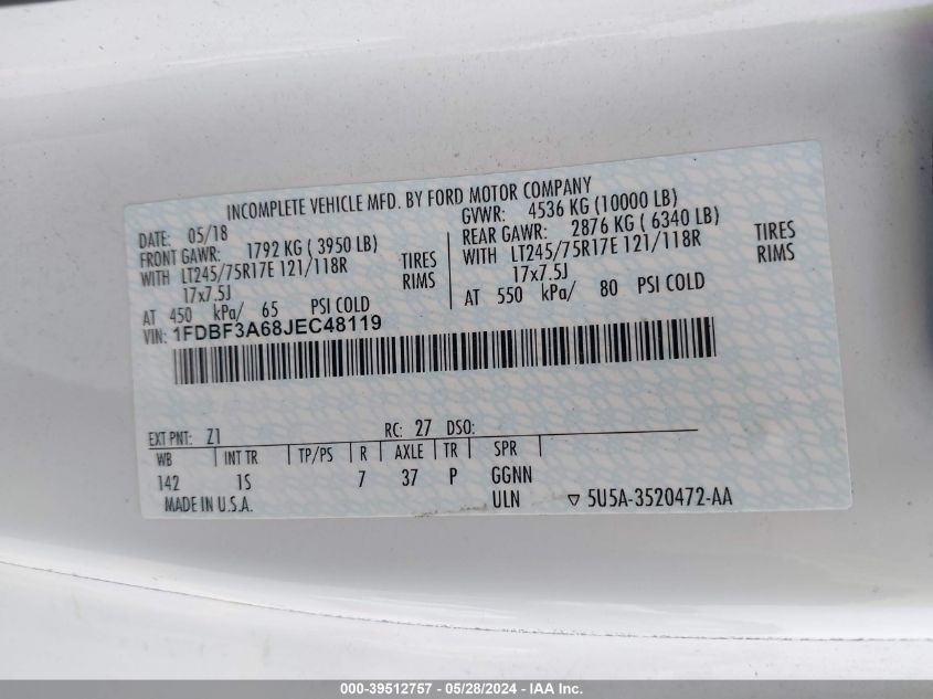 2018 Ford F-350 Xl VIN: 1FDBF3A68JEC48119 Lot: 39512757