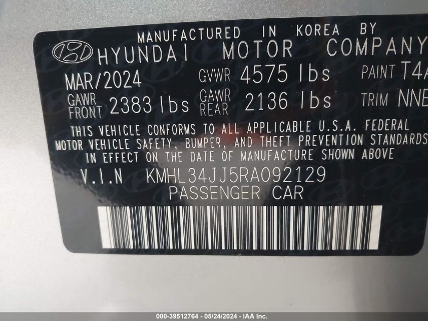 2024 Hyundai Sonata Hybrid Sel VIN: KMHL34JJ5RA092129 Lot: 39512764