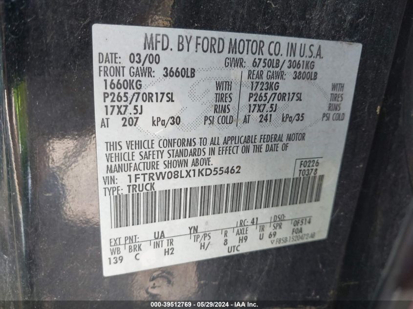 2001 Ford F-150 King Ranch Edition/Lariat/Xlt VIN: 1FTRW08LX1KD55462 Lot: 39512769