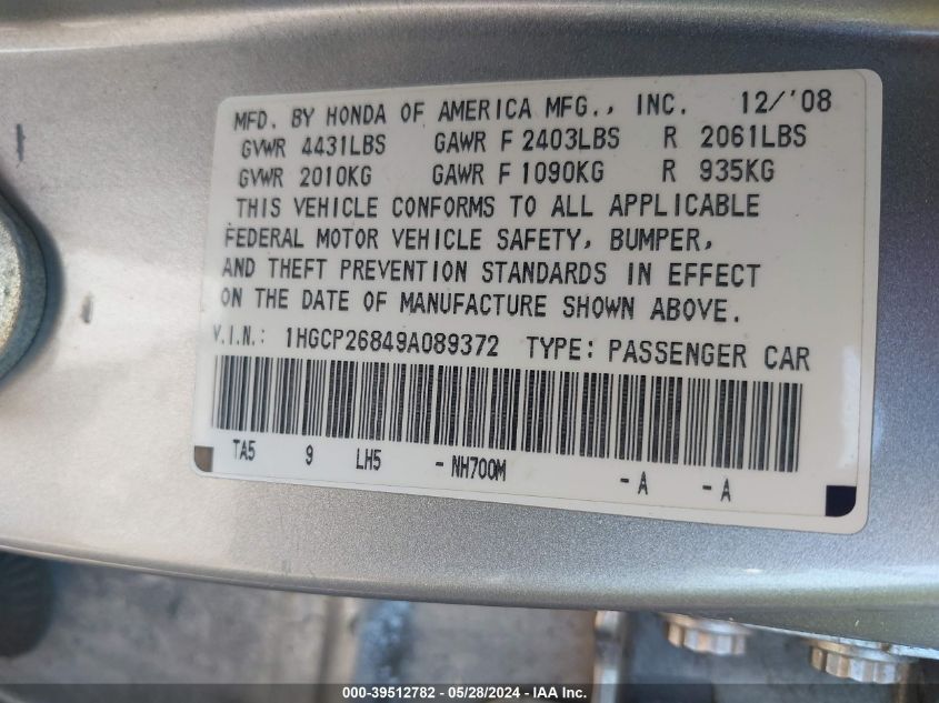 2009 Honda Accord 2.4 Ex-L VIN: 1HGCP26849A089372 Lot: 39512782