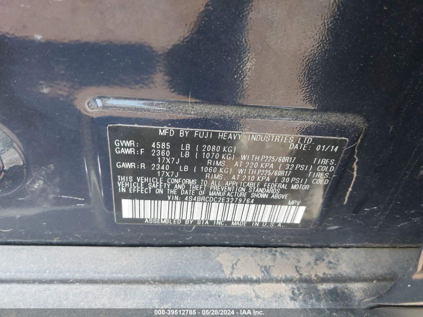 2014 Subaru Outback 2.5I Premium VIN: 4S4BRCDC2E3279764 Lot: 39512785