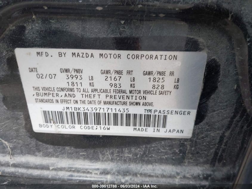 2007 Mazda Mazda3 S Grand Touring VIN: JM1BK343971711435 Lot: 39512788