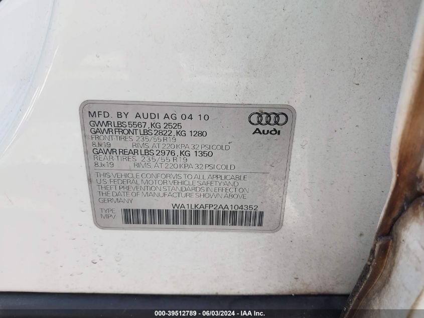 2010 Audi Q5 3.2 Premium VIN: WA1LKAFP2AA104352 Lot: 39512789