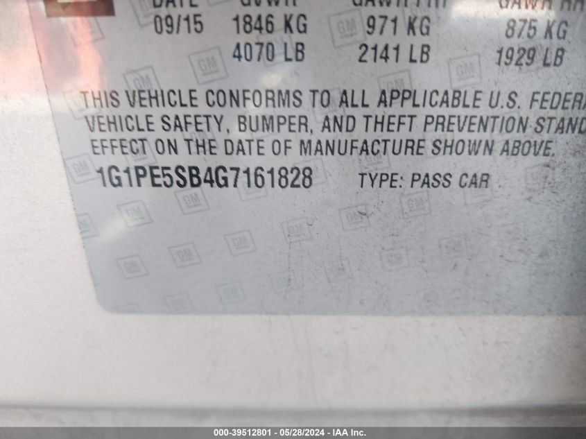 2016 Chevrolet Cruze Limited Lt VIN: 1G1PE5SB4G7161828 Lot: 39512801