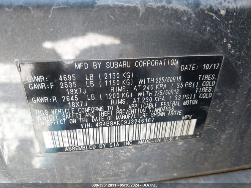 2018 Subaru Outback 2.5I Limited VIN: 4S4BSAKC9J3246167 Lot: 39512811