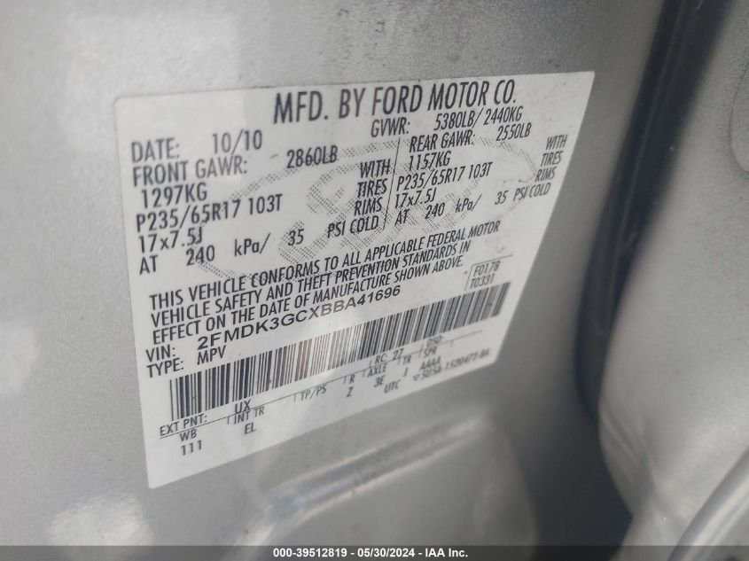 2011 Ford Edge Se VIN: 2FMDK3GCXBBA41696 Lot: 39512819