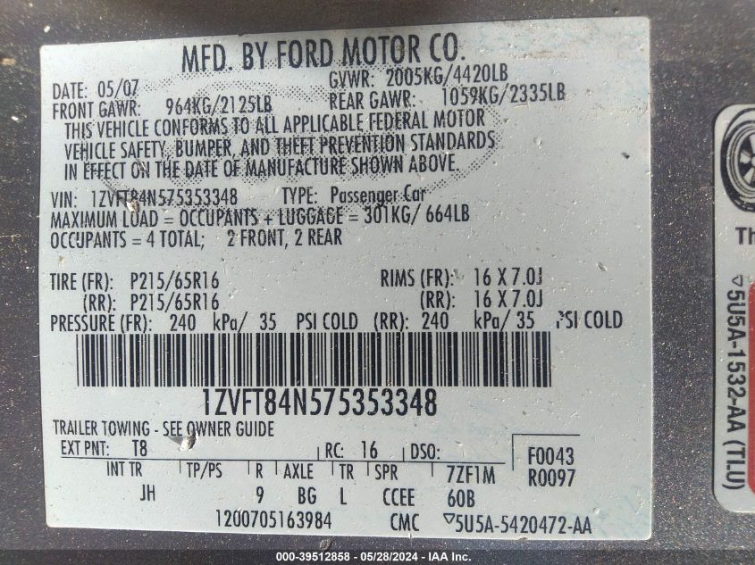 2007 Ford Mustang V6 Deluxe/V6 Premium VIN: 1ZVFT84N575353348 Lot: 39512858
