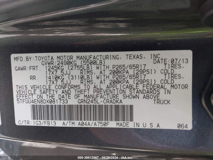 2013 Toyota Tacoma Base V6 VIN: 5TFUU4EN8DX081733 Lot: 39512867