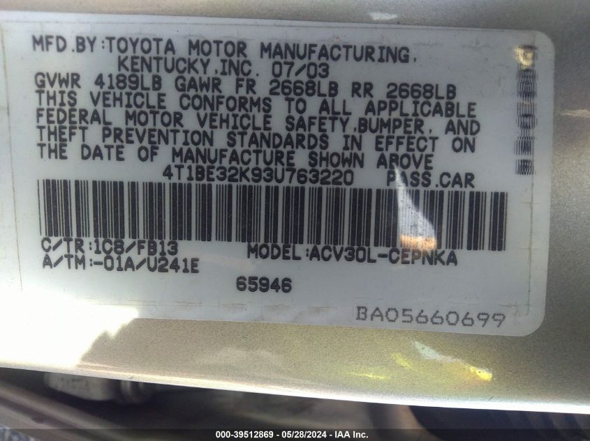 2003 Toyota Camry Le VIN: 4T1BE32K93U763220 Lot: 39512869