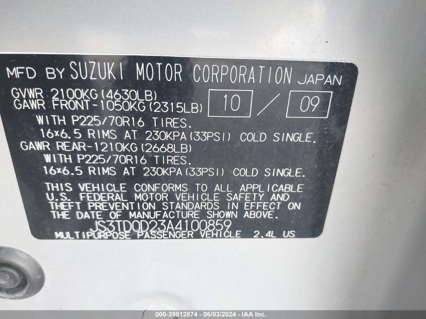 2010 Suzuki Grand Vitara Premium VIN: JS3TD0D23A4100859 Lot: 39512874