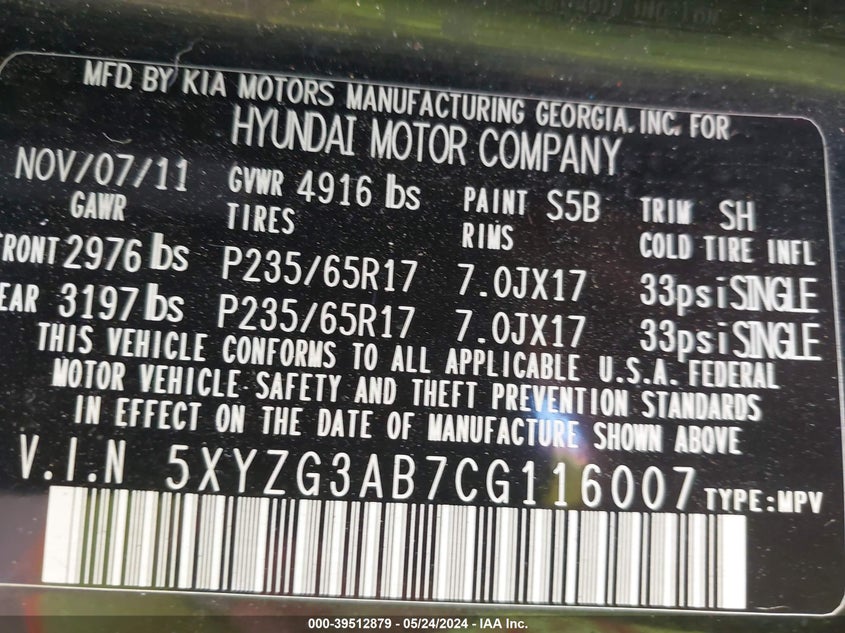 2012 Hyundai Santa Fe Gls VIN: 5XYZG3AB7CG116007 Lot: 39512879