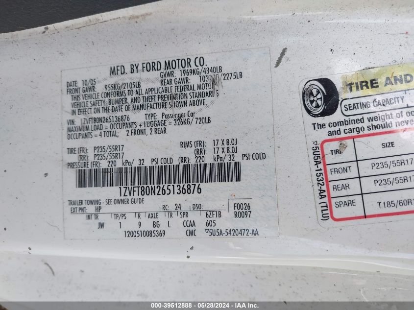 2006 Ford Mustang V6 VIN: 1ZVFT80N265136876 Lot: 39512888