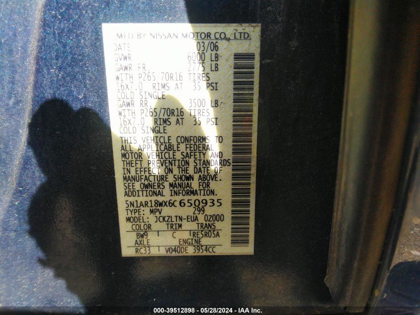 2006 Nissan Pathfinder Le/Se/Xe VIN: 5N1AR18WX6C650935 Lot: 39512898