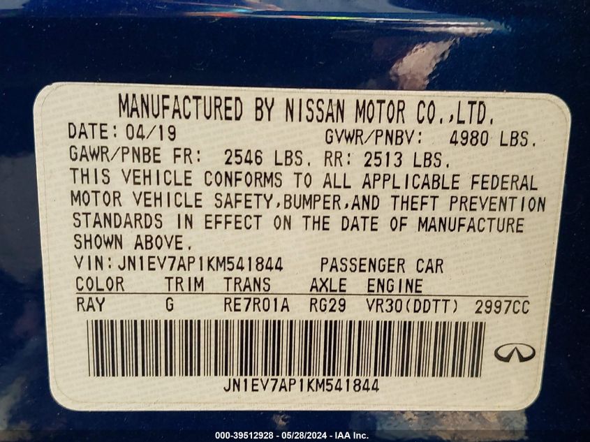 2019 Infiniti Q50 3.0T Signature Edition VIN: JN1EV7AP1KM541844 Lot: 39512928