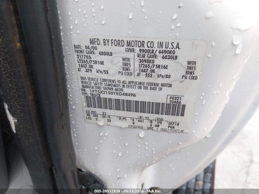 2000 Ford F-350 Lariat/Xl/Xlt VIN: 1FTSX31S0YED48496 Lot: 39512939