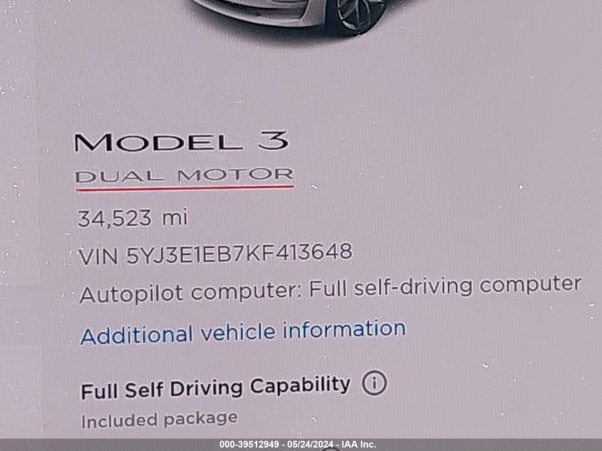 5YJ3E1EB7KF413648 | 2019 TESLA MODEL 3