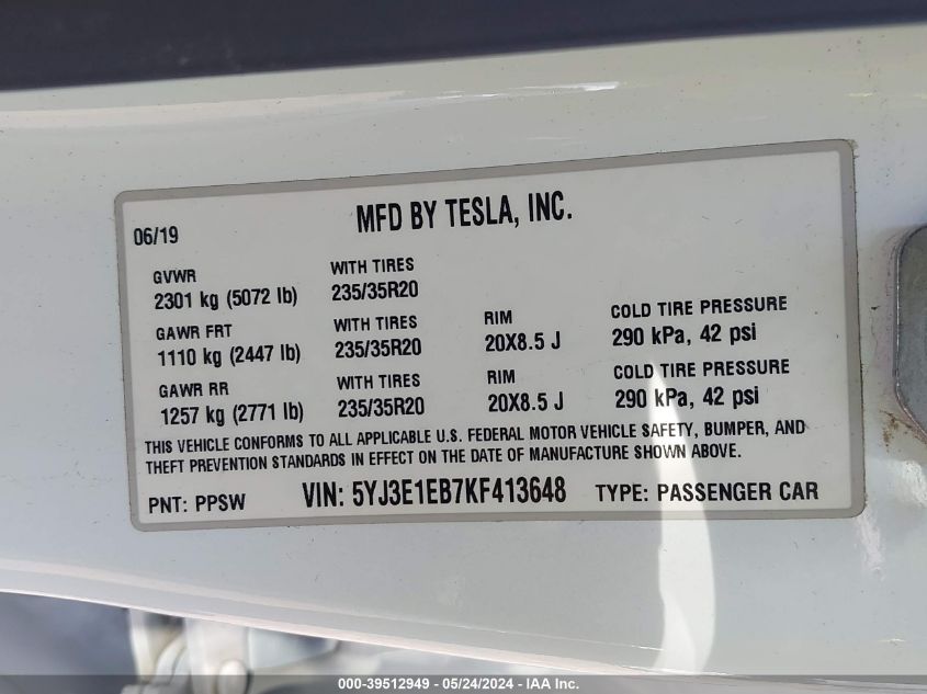 5YJ3E1EB7KF413648 | 2019 TESLA MODEL 3