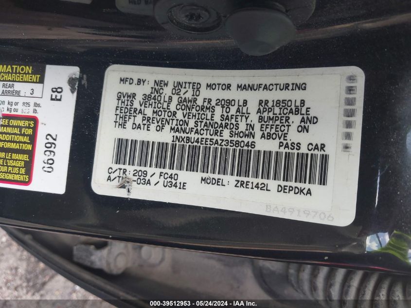 2010 Toyota Corolla Le VIN: 1NXBU4EE5AZ358046 Lot: 39512953