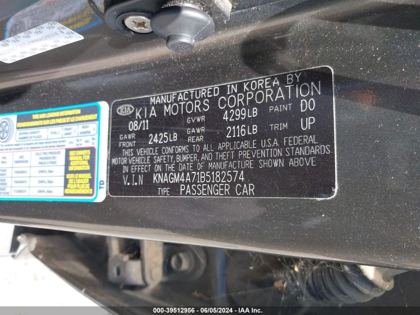 2011 Kia Optima Lx VIN: KNAGM4A71B5182574 Lot: 39512956