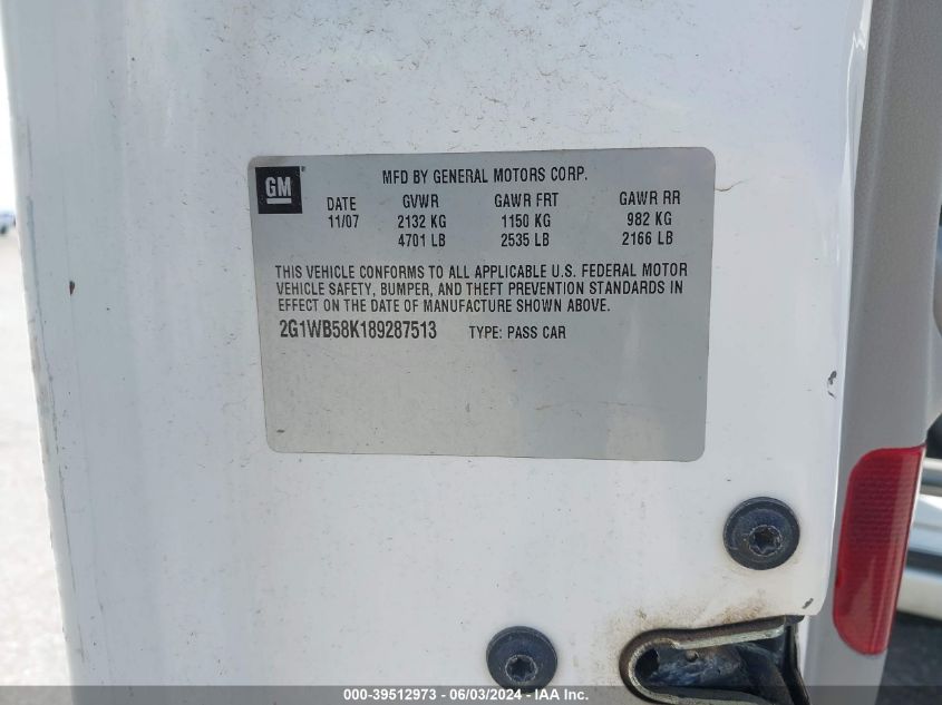 2008 Chevrolet Impala Ls VIN: 2G1WB58K189287513 Lot: 39512973