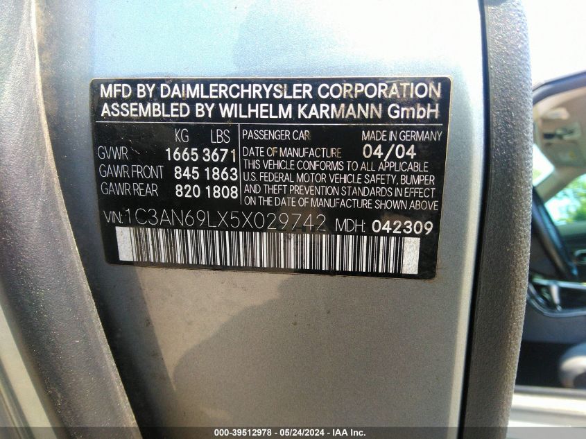 2005 Chrysler Crossfire Limited VIN: 1C3AN69LX5X029742 Lot: 39512978