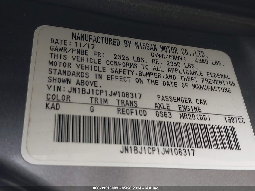 2018 Nissan Rogue Sport Sv VIN: JN1BJ1CP1JW106317 Lot: 39513009