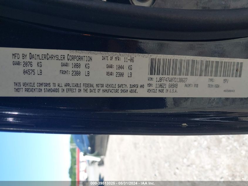 2007 Jeep Compass Sport VIN: 1J8FF47W07D138627 Lot: 39513025