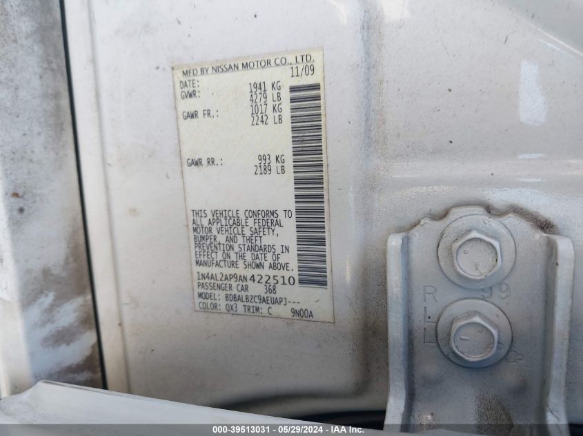 2010 Nissan Altima 2.5 S VIN: 1N4AL2AP9AN422510 Lot: 39513031