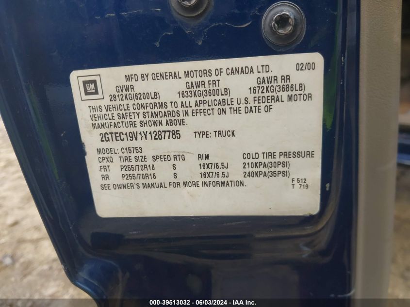 2000 GMC Sierra 1500 Sle VIN: 2GTEC19V1Y1287785 Lot: 39513032