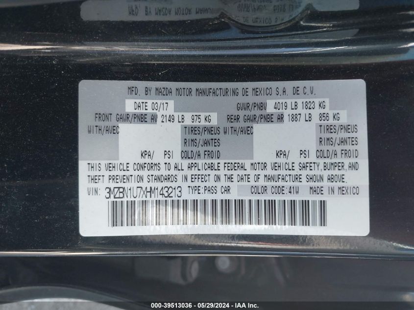 2017 Mazda Mazda3 Sport VIN: 3MZBN1U7XHM143213 Lot: 39513036