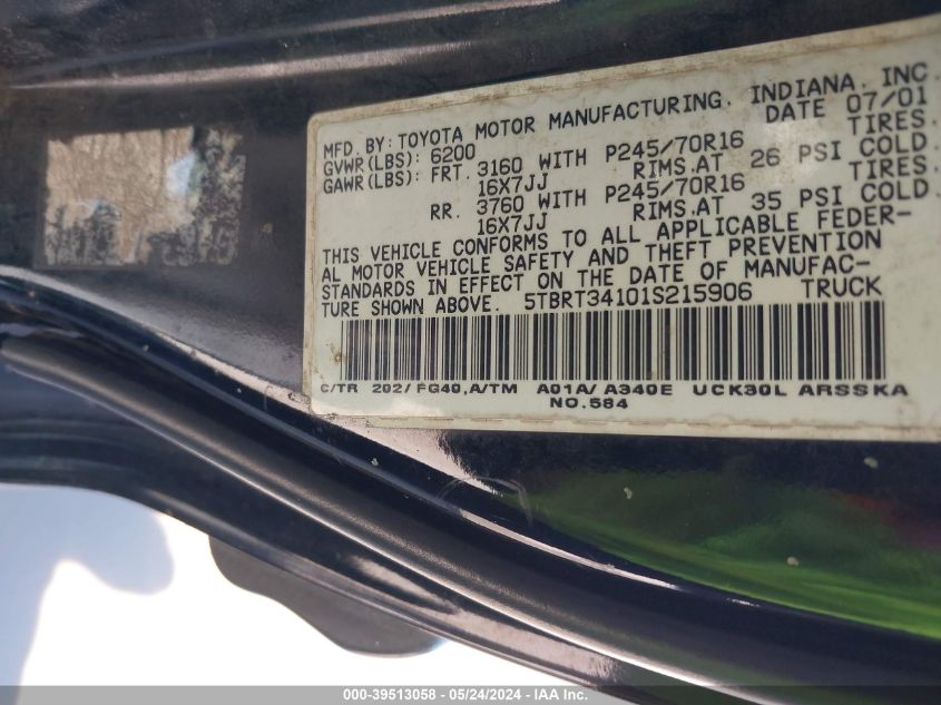 2001 Toyota Tundra Sr5 V8 VIN: 5TBRT34101S215906 Lot: 39513058
