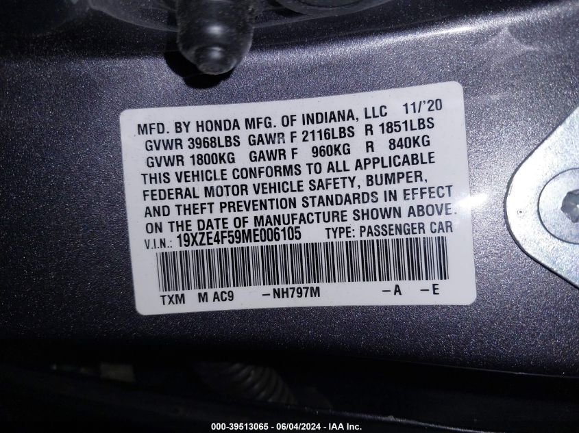 2021 Honda Insight Ex VIN: 19XZE4F59ME006105 Lot: 39513065