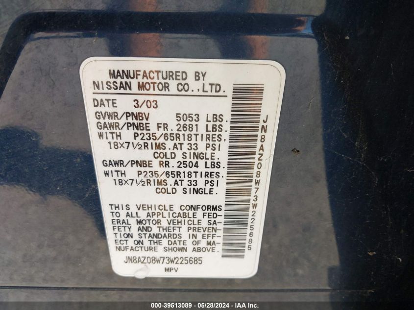 2003 Nissan Murano Sl VIN: JN8AZ08W73W225685 Lot: 39513089