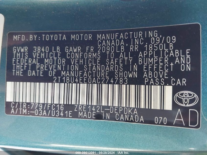 2010 Toyota Corolla Le VIN: 2T1BU4EE0AC274783 Lot: 39513091