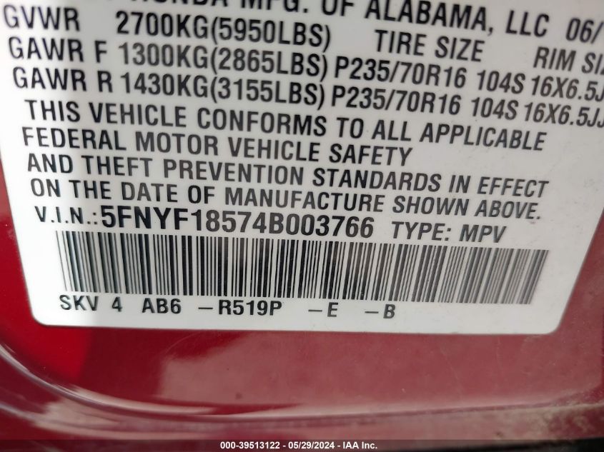 2004 Honda Pilot Ex-L VIN: 5FNYF18574B003766 Lot: 39513122