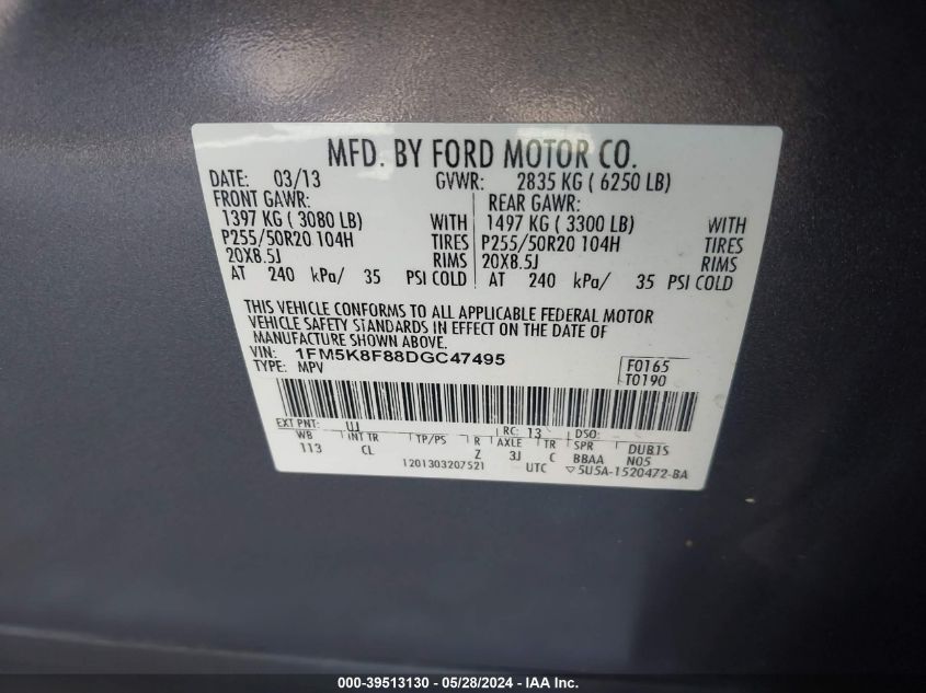 2013 Ford Explorer Limited VIN: 1FM5K8F88DGC47495 Lot: 39513130