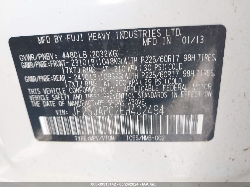 2014 Subaru Forester 2.5I Touring VIN: JF2SJAPC2EH402494 Lot: 39513142