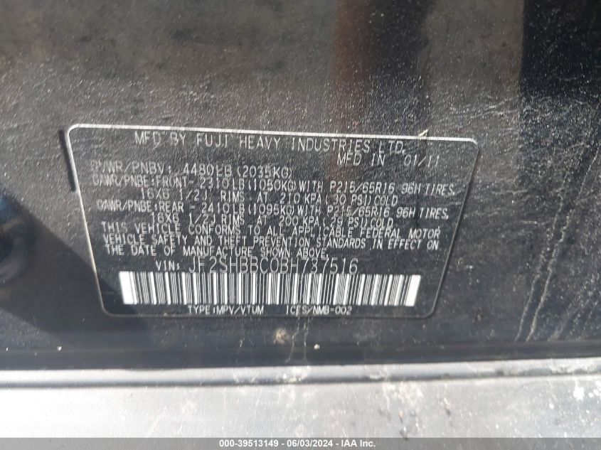 2011 Subaru Forester 2.5X VIN: JF2SHBBC0BH737516 Lot: 39513149