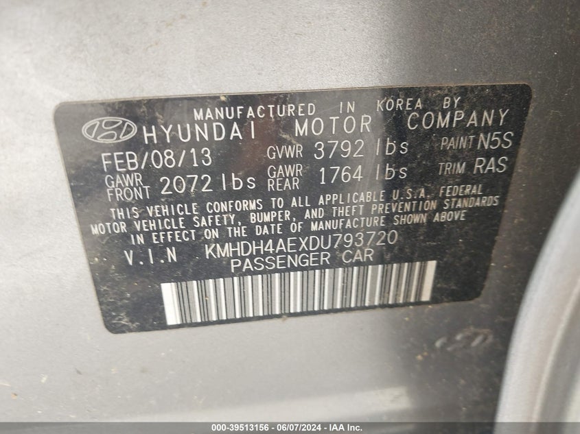 2013 Hyundai Elantra Gls VIN: KMHDH4AEXDU793720 Lot: 39513156