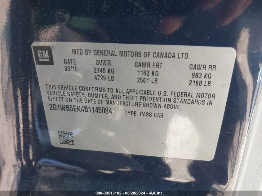 2011 Chevrolet Impala Lt VIN: 2G1WB5EK4B1145084 Lot: 39513182