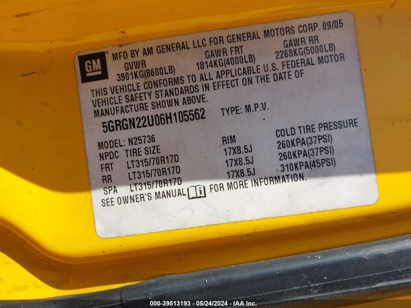 2006 Hummer H2 Sut VIN: 5GRGN22U06H105562 Lot: 39513193