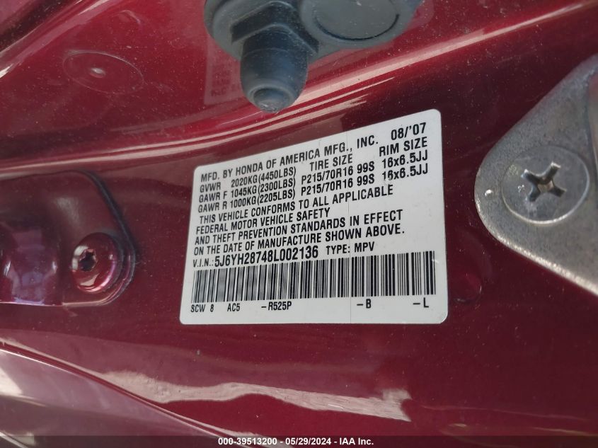 2008 Honda Element Ex VIN: 5J6YH28748L002136 Lot: 39513200