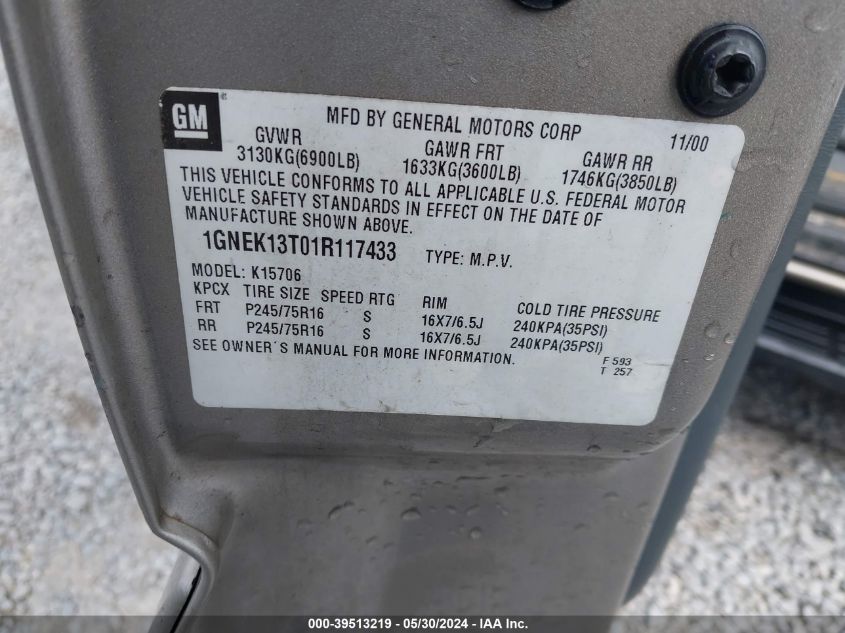 2001 Chevrolet Tahoe Lt VIN: 1GNEK13T01R117433 Lot: 39513219