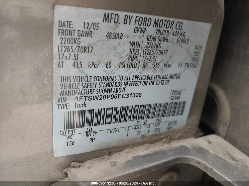 2006 Ford F-250 VIN: 1FTSW20P96EC31328 Lot: 39513230