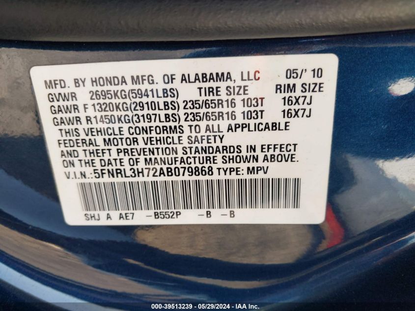 2010 Honda Odyssey Ex-L VIN: 5FNRL3H72AB079868 Lot: 39513239