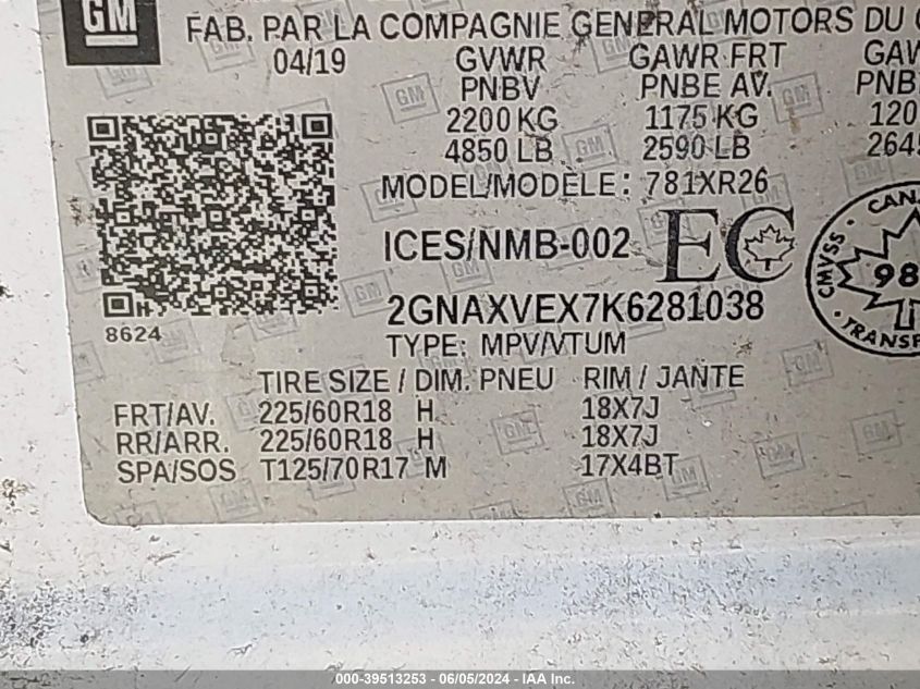 2019 Chevrolet Equinox Lt VIN: 2GNAXVEX7K6281038 Lot: 39513253