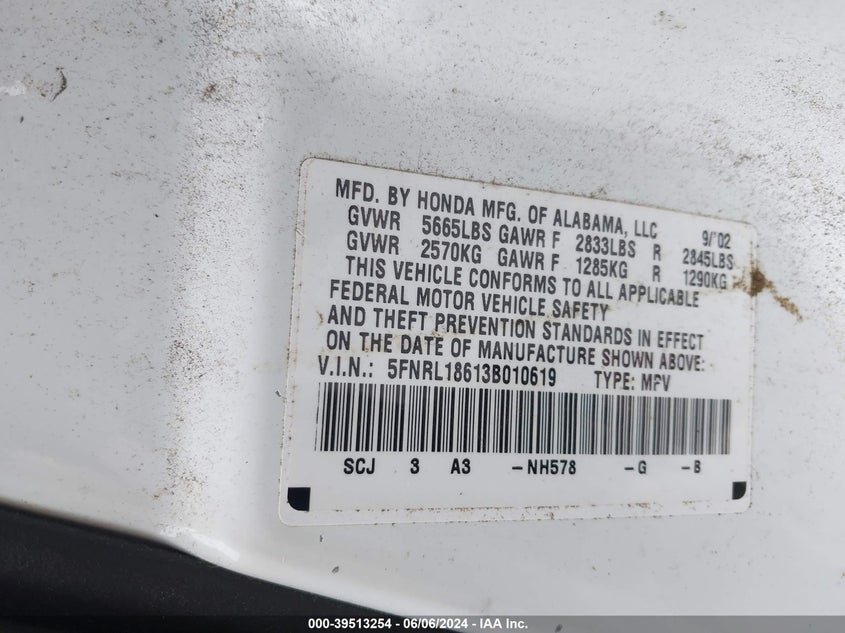 2003 Honda Odyssey Ex VIN: 5FNRL18613B010619 Lot: 39513254